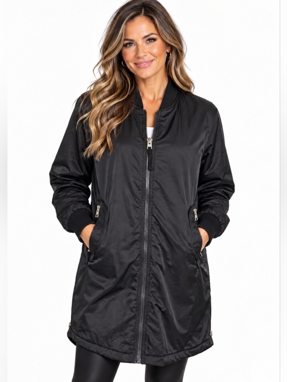 GAP Womens Medium Black Longline Bomber Jacket Quilted Lined Coat NWOT